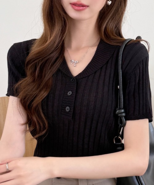 Ada.(エイダ)の「襟付き ヘンリーネック ハーフボタン スリム リブ ニット トップス(ニット/セーター・レディース・ピンク/ブラック/ブルーグレー/オフホワイト・FREE)」の15枚目の写真