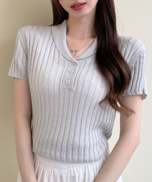Ada.(エイダ)の「襟付き ヘンリーネック ハーフボタン スリム リブ ニット トップス(ニット/セーター・レディース・ピンク/ブラック/ブルーグレー/オフホワイト・FREE)」の19枚目の写真