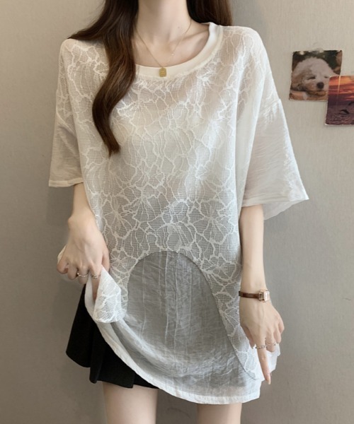 AMAJI(アマジ)の「ラウンドネック 半袖 レースレイヤード ドロップショルダー トップス(Tシャツ/カットソー・レディース・ホワイト/ブラック・MEDIUM/LARGE/X-LARGE)」の1枚目の写真