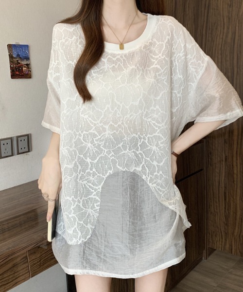 AMAJI(アマジ)の「ラウンドネック 半袖 レースレイヤード ドロップショルダー トップス(Tシャツ/カットソー・レディース・ホワイト/ブラック・MEDIUM/LARGE/X-LARGE)」の3枚目の写真