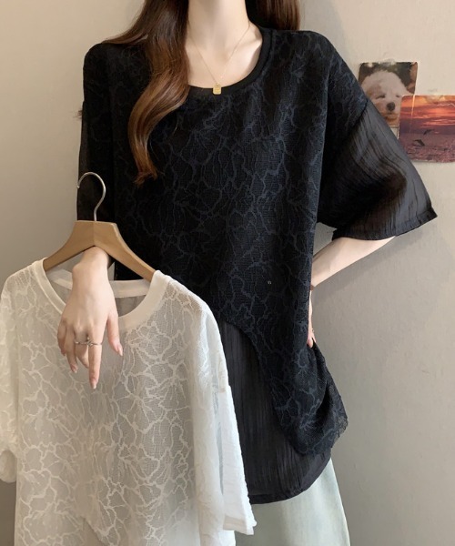 AMAJI(アマジ)の「ラウンドネック 半袖 レースレイヤード ドロップショルダー トップス(Tシャツ/カットソー・レディース・ホワイト/ブラック・MEDIUM/LARGE/X-LARGE)」の5枚目の写真