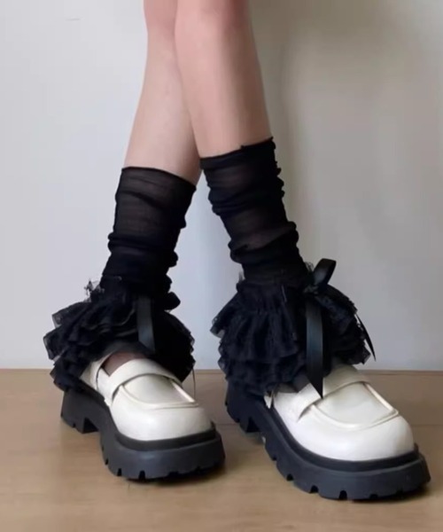 almo（アルモ）の「【Bls】【ZA】【Bling Leads】レース×フリル レッグウォーマー(BL)（ソックス/靴下・レディース・ホワイト/ブラック・FREE）」の2枚目の写真