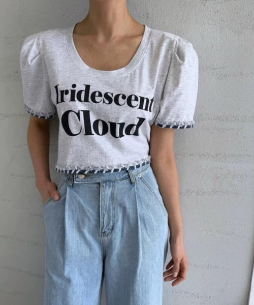 semplice(センプリチェ)の「クロップド T シャツ パフスリーブ フリンジ レタープリント(Tシャツ/カットソー・レディース・ホワイト/グレー・F)」の10枚目の写真
