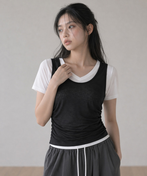 VIVID LADY(ビビッドレディー)の「ウエストシャーリング タンクトップ ノースリーブトップス(タンクトップ・レディース・グレー/ブラック/アイボリー・FREE)」の8枚目の写真