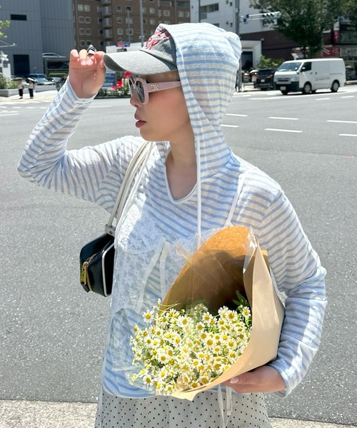 Alley Tokyo(アリートーキョー)の「ボーダーフードシアーT(Tシャツ/カットソー・レディース・ネイビー/イエロー/サックスブルー・FREE)」の2枚目の写真