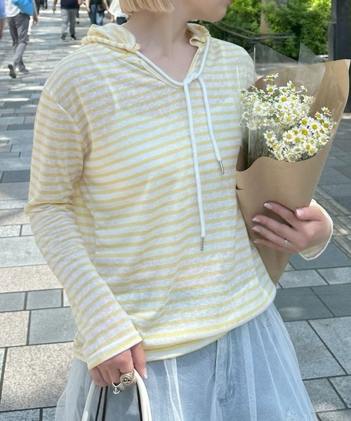 Alley Tokyo(アリートーキョー)の「ボーダーフードシアーT(Tシャツ/カットソー・レディース・ネイビー/イエロー/サックスブルー・FREE)」の3枚目の写真