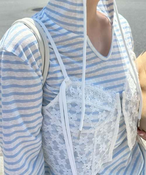 Alley Tokyo(アリートーキョー)の「ボーダーフードシアーT(Tシャツ/カットソー・レディース・ネイビー/イエロー/サックスブルー・FREE)」の5枚目の写真