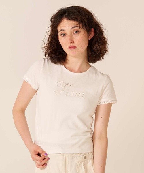 TINA:JOJUN(ティーナジョジュン)の「レース風 刺繍 Tシャツ TINA:JOJUN(Tシャツ/カットソー・レディース・ライトグリーン/ボルドー/ホワイト・M)」の4枚目の写真