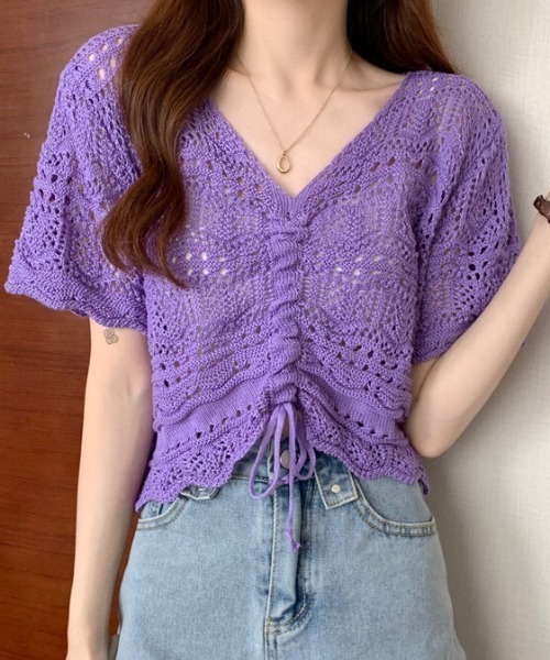 NANEA(ナネア)の「クロシェニットフロントシャーリングプルオーバー(Tシャツ/カットソー・レディース・ホワイト/アイボリー/ベージュ/パープル/ブラック・フリー)」の5枚目の写真