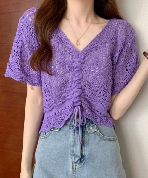 NANEA(ナネア)の「クロシェニットフロントシャーリングプルオーバー(Tシャツ/カットソー・レディース・ホワイト/アイボリー/ベージュ/パープル/ブラック・フリー)」の8枚目の写真