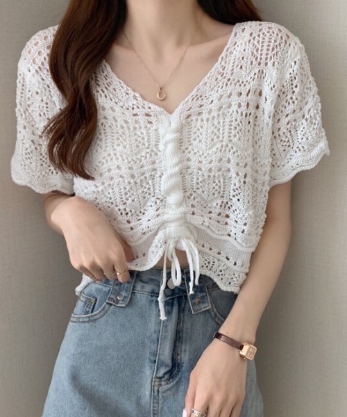 NANEA(ナネア)の「クロシェニットフロントシャーリングプルオーバー(Tシャツ/カットソー・レディース・ホワイト/アイボリー/ベージュ/パープル/ブラック・フリー)」の21枚目の写真