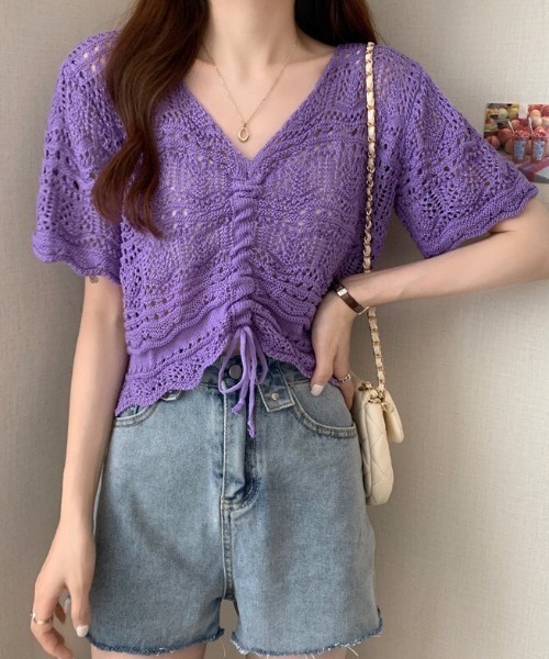 NANEA(ナネア)の「クロシェニットフロントシャーリングプルオーバー(Tシャツ/カットソー・レディース・ホワイト/アイボリー/ベージュ/パープル/ブラック・フリー)」の12枚目の写真