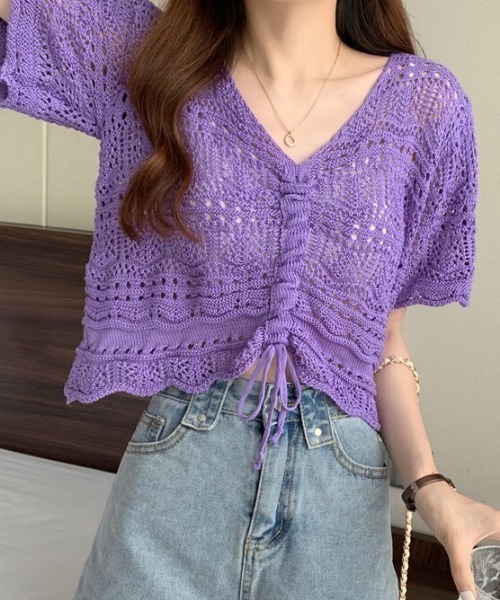 NANEA(ナネア)の「クロシェニットフロントシャーリングプルオーバー(Tシャツ/カットソー・レディース・ホワイト/アイボリー/ベージュ/パープル/ブラック・フリー)」の10枚目の写真