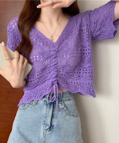 NANEA(ナネア)の「クロシェニットフロントシャーリングプルオーバー(Tシャツ/カットソー・レディース・ホワイト/アイボリー/ベージュ/パープル/ブラック・フリー)」の11枚目の写真