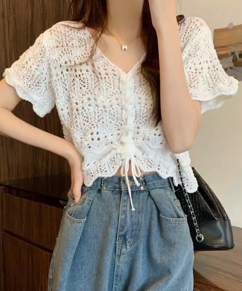 NANEA(ナネア)の「クロシェニットフロントシャーリングプルオーバー(Tシャツ/カットソー・レディース・ホワイト/アイボリー/ベージュ/パープル/ブラック・フリー)」の22枚目の写真