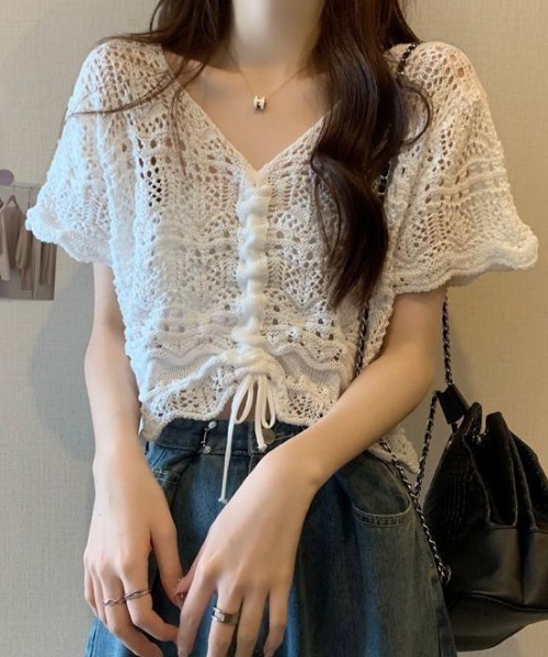 NANEA(ナネア)の「クロシェニットフロントシャーリングプルオーバー(Tシャツ/カットソー・レディース・ホワイト/アイボリー/ベージュ/パープル/ブラック・フリー)」の20枚目の写真
