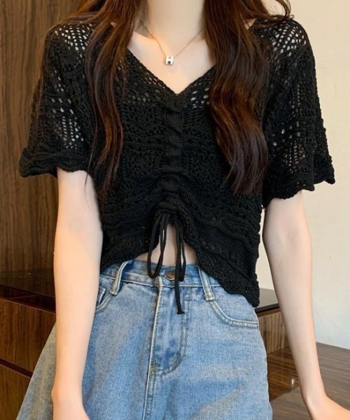 NANEA(ナネア)の「クロシェニットフロントシャーリングプルオーバー(Tシャツ/カットソー・レディース・ホワイト/アイボリー/ベージュ/パープル/ブラック・フリー)」の19枚目の写真