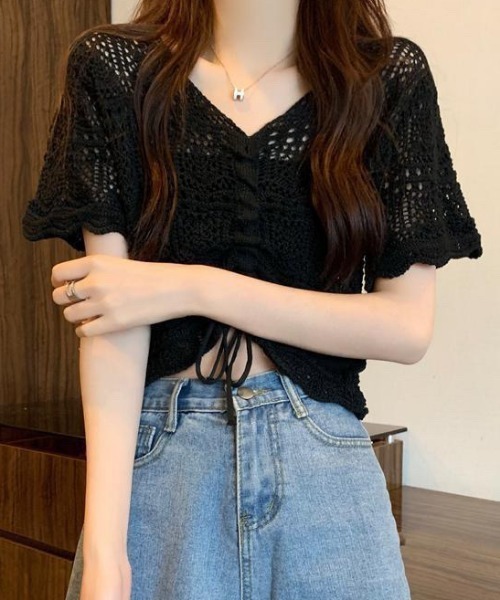NANEA(ナネア)の「クロシェニットフロントシャーリングプルオーバー(Tシャツ/カットソー・レディース・ホワイト/アイボリー/ベージュ/パープル/ブラック・フリー)」の13枚目の写真