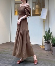 スクエアネック オフショルダー パフスリーブ ウエストマークワンピース