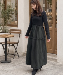 classicalelf（クラシカルエルフ）の「《ERIKOさん×クラシカルエルフコラボ》異素材ミックスで一枚でサマになる♪リブニット×ピーチ異素材ドッキングワンピース(ロング丈)（ワンピース）」
