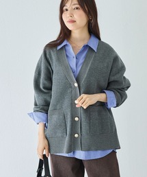 LAVEANGE（ラビアンジェ）の「ダブルニットVネックカーディガン|チクチクしにくい ゴールドボタン ゆったり 体型カバー 大きいサイズ（カーディガン/ボレロ）」