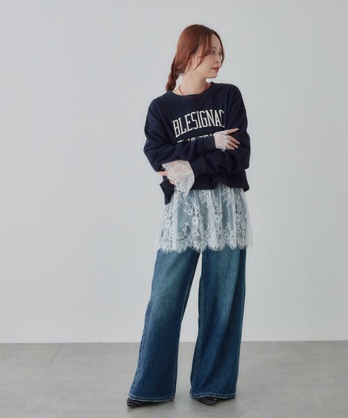 DISCOAT(ディスコート)の「前後2WAYレース切替ロングスリーブ(Tシャツ/カットソー・レディース・オフホワイト/ブラック系その他/ホワイト/ブラック・FREE)」の7枚目の写真