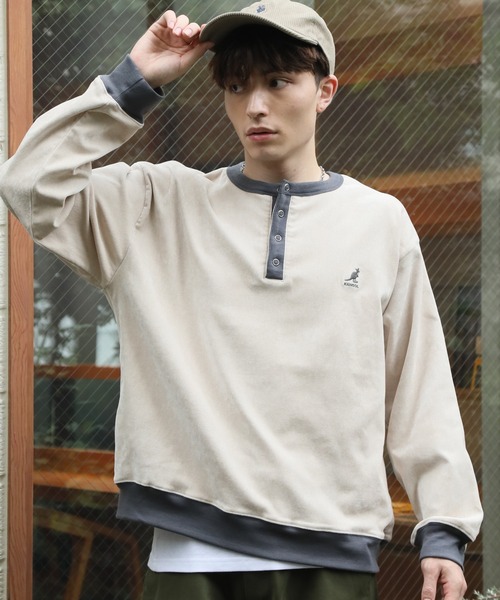 KANGOL(カンゴール)の「【KANGOL/カンゴール】別注 ロゴ刺繍 モールツイル ヘンリーネック ニットソー(ニット/セーター・メンズ・ネイビー/グリーン/アイボリー/チャコールグレー/ブラック・M/L/XL)」の1枚目の写真