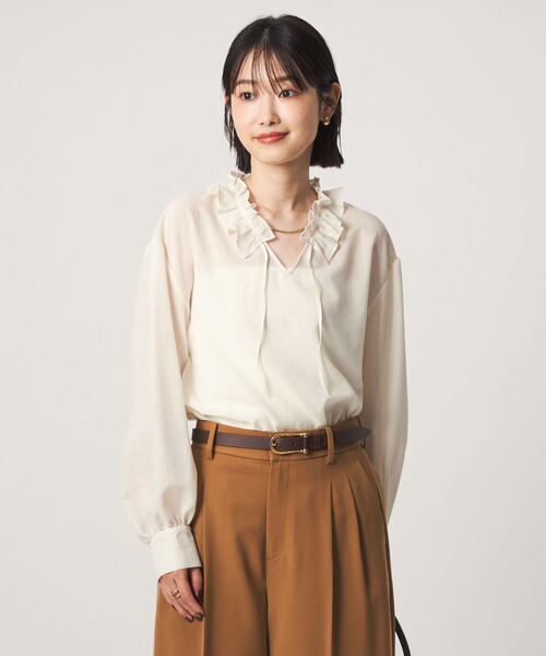 green label relaxing(グリーンレーベルリラクシング)の「シアー フリルネック ブラウス(シャツ/ブラウス・レディース・ネイビー/オフホワイト/ブラック・FREE)」の9枚目の写真