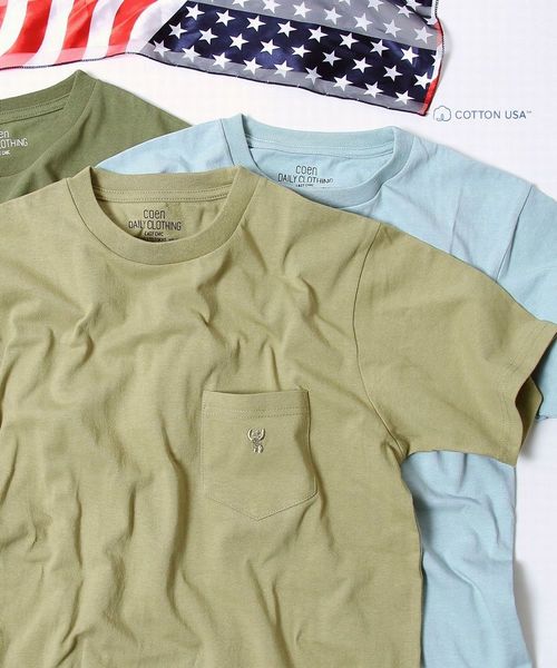 coen（コーエン）の「USAコットンクルーネックポケットTシャツ●（Tシャツ/カットソー・メンズ・オリーブ/ネイビー/ブラック/ホワイト/ベージュ/ライトブルー・SMALL/X-LARGE/MEDIUM/LARGE）」の3枚目の写真