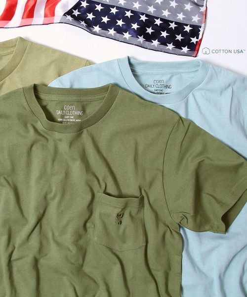 coen（コーエン）の「USAコットンクルーネックポケットTシャツ●（Tシャツ/カットソー・メンズ・オリーブ/ネイビー/ブラック/ホワイト/ベージュ/ライトブルー・SMALL/X-LARGE/MEDIUM/LARGE）」の4枚目の写真