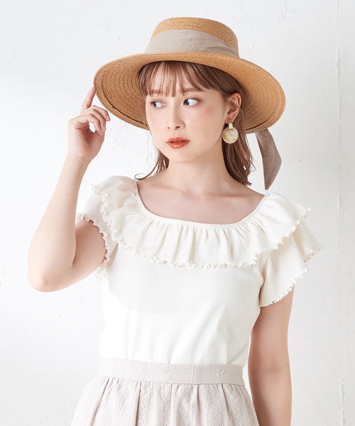 one after another NICE CLAUP（ワンアフターアナザーナイスクラップ）の「Wフリルテレコトップス（Tシャツ/カットソー・レディース・ブラック/ベージュ/オフホワイト/サックスブルー・FREE）」の2枚目の写真