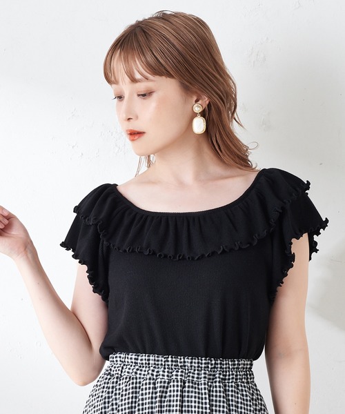 one after another NICE CLAUP（ワンアフターアナザーナイスクラップ）の「Wフリルテレコトップス（Tシャツ/カットソー・レディース・ブラック/ベージュ/オフホワイト/サックスブルー・FREE）」の3枚目の写真