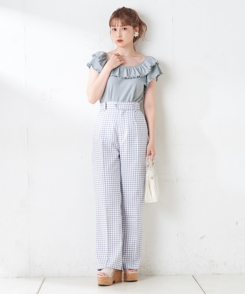 one after another NICE CLAUP（ワンアフターアナザーナイスクラップ）の「Wフリルテレコトップス（Tシャツ/カットソー・レディース・ブラック/ベージュ/オフホワイト/サックスブルー・FREE）」の22枚目の写真