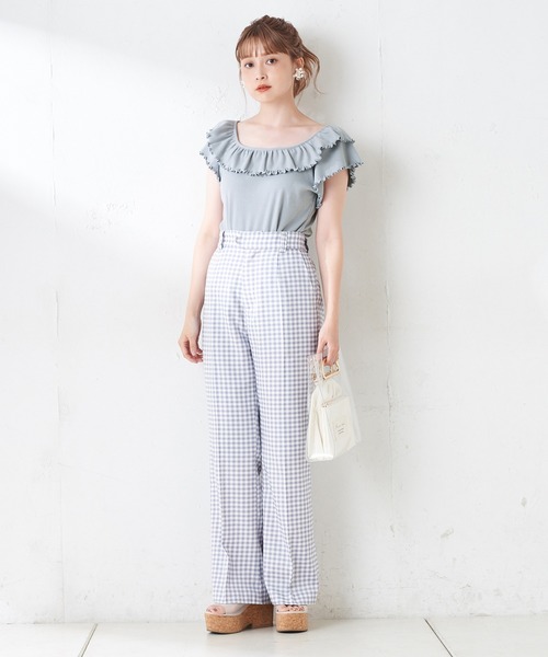 one after another NICE CLAUP（ワンアフターアナザーナイスクラップ）の「Wフリルテレコトップス（Tシャツ/カットソー・レディース・ブラック/ベージュ/オフホワイト/サックスブルー・FREE）」の20枚目の写真