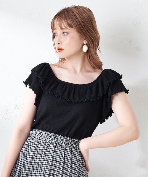 one after another NICE CLAUP（ワンアフターアナザーナイスクラップ）の「Wフリルテレコトップス（Tシャツ/カットソー・レディース・ブラック/ベージュ/オフホワイト/サックスブルー・FREE）」の9枚目の写真