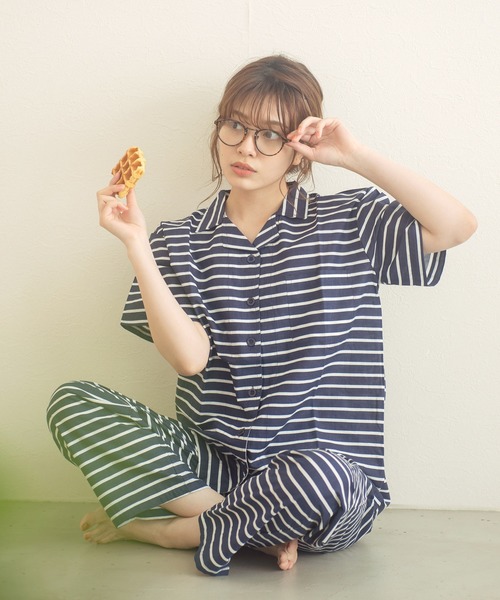 Dita（ディータ）の「シーチングボーダーシャツルームウェア上下セット/全3色  パジャマ（ルームウェア/パジャマ・レディース・ネイビー/グレー/ピンク・M/L）」の3枚目の写真