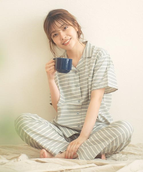 Dita（ディータ）の「シーチングボーダーシャツルームウェア上下セット/全3色  パジャマ（ルームウェア/パジャマ・レディース・ネイビー/グレー/ピンク・M/L）」の2枚目の写真