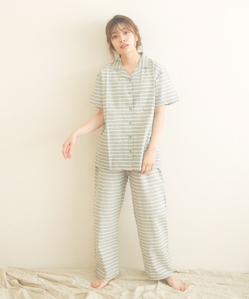 Dita（ディータ）の「シーチングボーダーシャツルームウェア上下セット/全3色  パジャマ（ルームウェア/パジャマ・レディース・ネイビー/グレー/ピンク・M/L）」の4枚目の写真