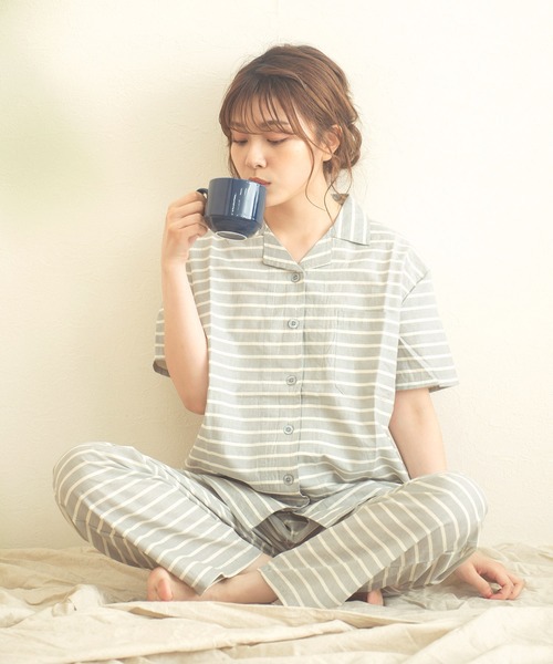 Dita（ディータ）の「シーチングボーダーシャツルームウェア上下セット/全3色  パジャマ（ルームウェア/パジャマ・レディース・ネイビー/グレー/ピンク・M/L）」の5枚目の写真