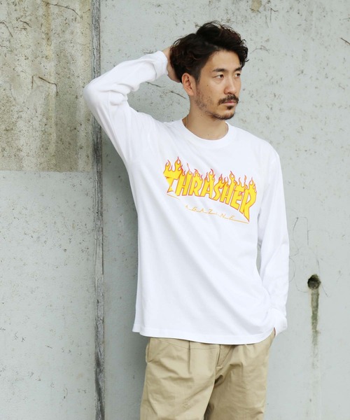 チャレンジャー 長袖Tシャツ ロンT 白 L ファイヤー フレイムス 刺繍 FLAME フレイム ロンT 1.6インチリブ 袖プリント ファイヤー