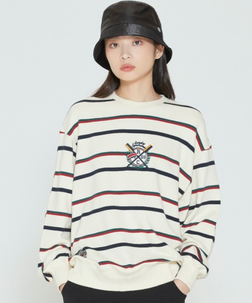 ROMANTIC CROWN(ロマンティッククラウン)の「【ROMANTIC CROWN】PADDLING LOGO SWEATSHIRT / ロマンティッククラウン パドリング ロゴ ボーダー スウェットシャツ(スウェット・メンズ・ネイビー/グレー/オートミール・SMALL/MEDIUM/LARGE/X-LARGE)」の2枚目の写真