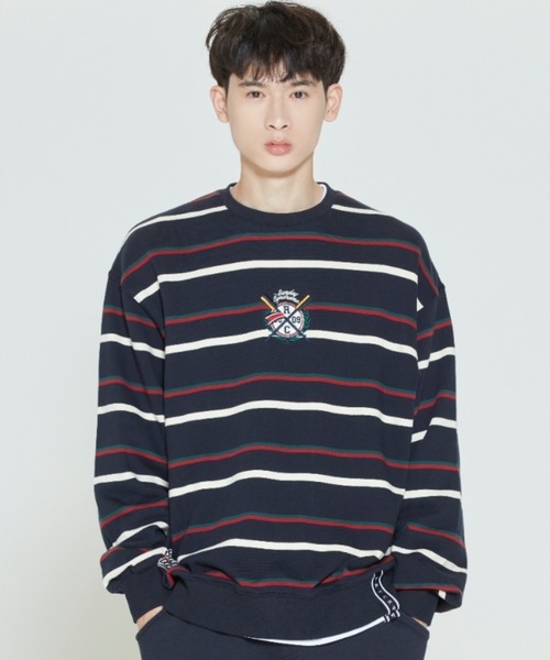 ROMANTIC CROWN(ロマンティッククラウン)の「【ROMANTIC CROWN】PADDLING LOGO SWEATSHIRT / ロマンティッククラウン パドリング ロゴ ボーダー スウェットシャツ(スウェット・メンズ・ネイビー/グレー/オートミール・SMALL/MEDIUM/LARGE/X-LARGE)」の3枚目の写真