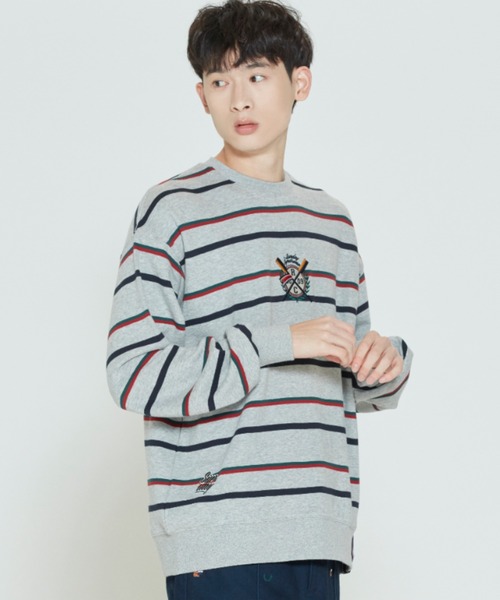 ROMANTIC CROWN(ロマンティッククラウン)の「【ROMANTIC CROWN】PADDLING LOGO SWEATSHIRT / ロマンティッククラウン パドリング ロゴ ボーダー スウェットシャツ(スウェット・メンズ・ネイビー/グレー/オートミール・SMALL/MEDIUM/LARGE/X-LARGE)」の4枚目の写真