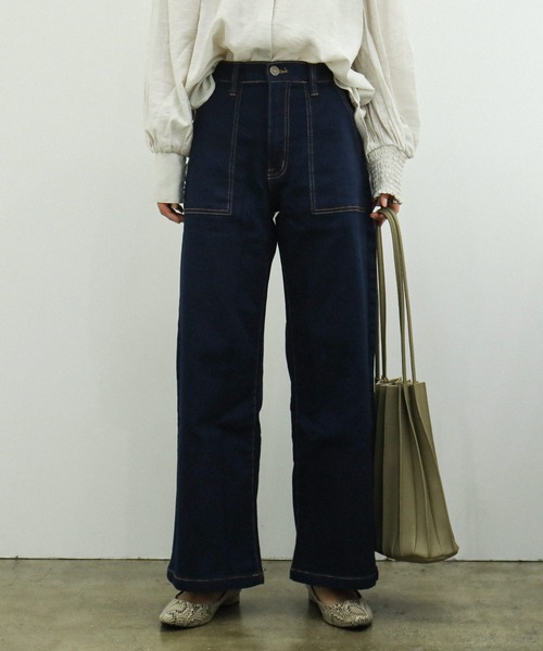 Fashion Letter（ファッションレター）の「微起毛デニムベイカーワイドパンツ （大きいサイズ）（デニムパンツ・レディース・ネイビー/ワンウォッシュ・M/L/LL/3L/4L）」の17枚目の写真