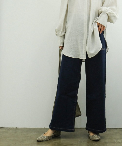 Fashion Letter（ファッションレター）の「微起毛デニムベイカーワイドパンツ （大きいサイズ）（デニムパンツ・レディース・ネイビー/ワンウォッシュ・M/L/LL/3L/4L）」の6枚目の写真