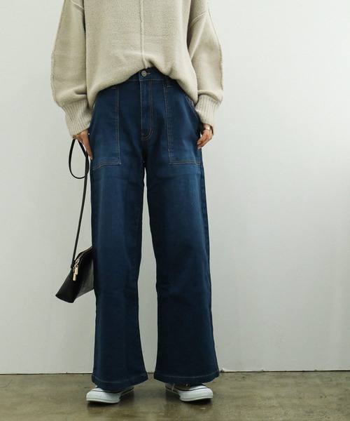 Fashion Letter（ファッションレター）の「微起毛デニムベイカーワイドパンツ （大きいサイズ）（デニムパンツ・レディース・ネイビー/ワンウォッシュ・M/L/LL/3L/4L）」の15枚目の写真