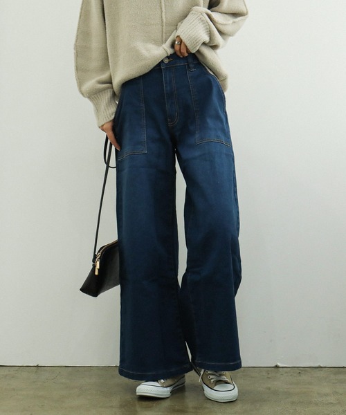 Fashion Letter（ファッションレター）の「微起毛デニムベイカーワイドパンツ （大きいサイズ）（デニムパンツ・レディース・ネイビー/ワンウォッシュ・M/L/LL/3L/4L）」の4枚目の写真