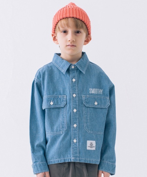 Smoothy（スムージー）の「Smoothy Chambray Big shirts / スムージー シャンブレービッグシャツ（シャツ/ブラウス・キッズ・インディゴブルー・S/M/L/XL）」の4枚目の写真