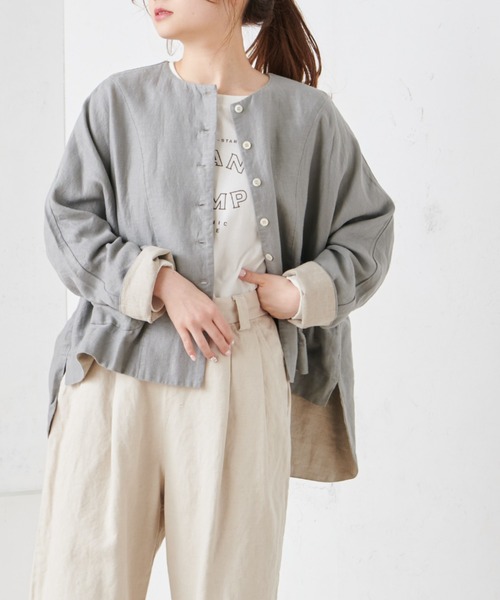 PUAL CE CIN（ピュアルセシン）の「麻レーヨンツイルジャケット（ノーカラージャケット・レディース・ベージュ/グレー/スミクロ・FREE）」の17枚目の写真