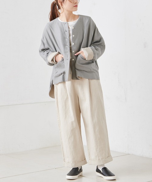 PUAL CE CIN（ピュアルセシン）の「麻レーヨンツイルジャケット（ノーカラージャケット・レディース・ベージュ/グレー/スミクロ・FREE）」の13枚目の写真